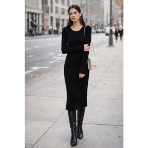 Women's Aisile Black Merino Wool Ribbed Knit Long Sleeve Midi Dress S